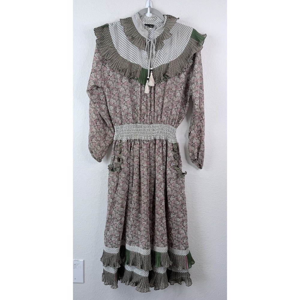 Vintage Diane Freis Dress Floral Ruffle Smocked Waist Prairie Cottagecore 80s